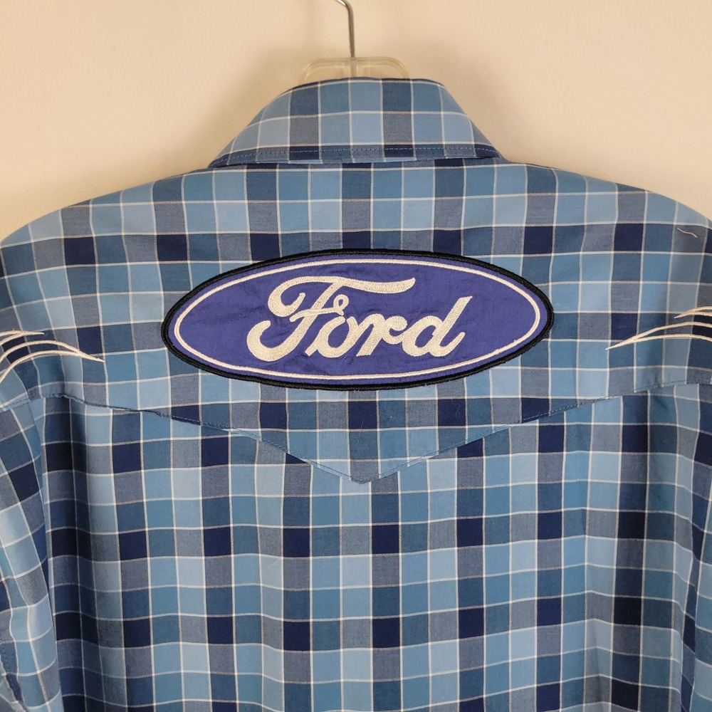 Wrangler x Ford Western Shirt Men Large Blue Plaid Long Sleeve Button Down Logo - Picture 8 of 8